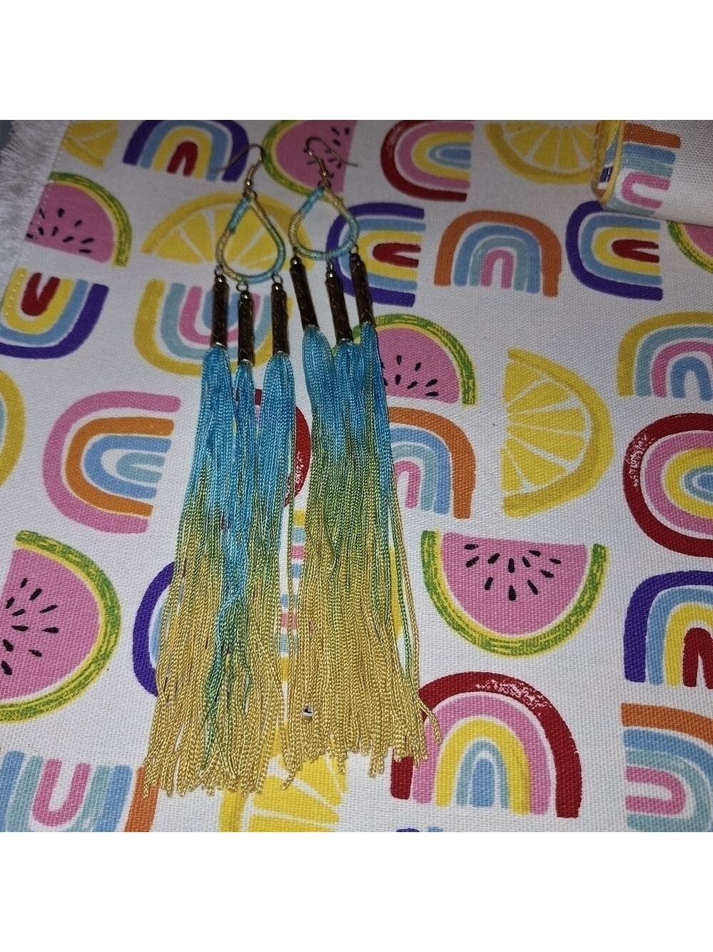 Tassel Earrings Blue and Yellow Long